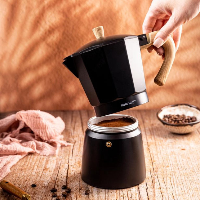 Kinghoff Aluminium Espressomaker KH-1886 – 6 Kopjes – Zwart Met Houten Handvat – Geschikt voor Inductie - 300ml - Percolator