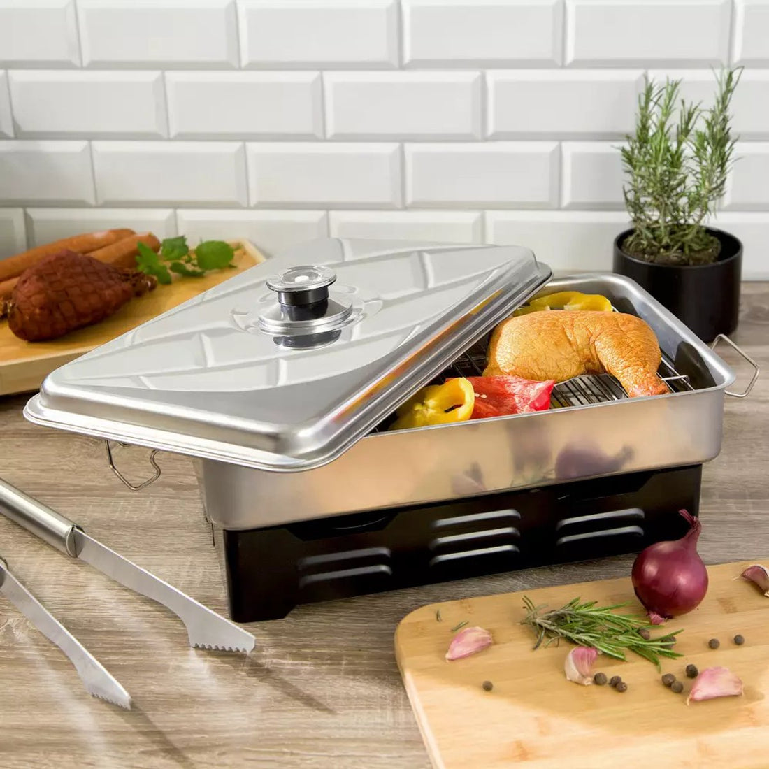 Fumoir de Balcon avec Thermomètre - Inox, Compact et Portable - Idéal pour Poisson, Poulet et Viande - Fumoir Barbecue - BBQ Smoker