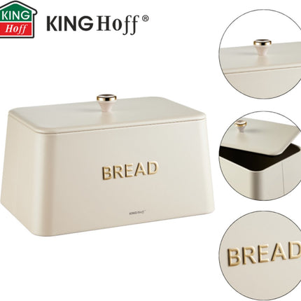KINGHOFF Brotkasten - Brotdose - 35x23x21 cm - Beige mit Golddetails - Metall & Bambus - Hygienisch & leicht zu reinigen - Brotbak
