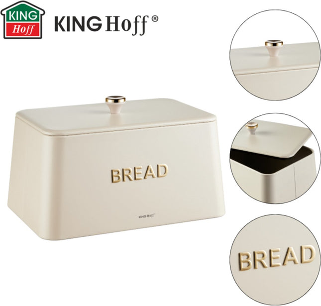 KINGHOFF Brotkasten - Brotdose - 35x23x21 cm - Beige mit Golddetails - Metall & Bambus - Hygienisch & leicht zu reinigen - Brotbak