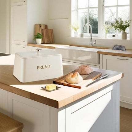 KINGHOFF Brotkasten - Brotdose - 35x23x21 cm - Beige mit Golddetails - Metall & Bambus - Hygienisch & leicht zu reinigen - Brotbak