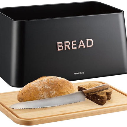 KINGHOFF Brotkasten 2 in 1 - Schwarz - 35x23x18 cm - Mit Bambusdeckel - Hygienisch & Leicht zu reinigen - Kann als Schneidebrett verwendet werden
