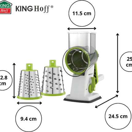 KINGHOFF Drehreibe 3-in-1 - Grün - Mit 3 austauschbaren Edelstahl-Trommeln - Saugnapf - KH-1960 - Handreibe - Multifunktionale Reibe