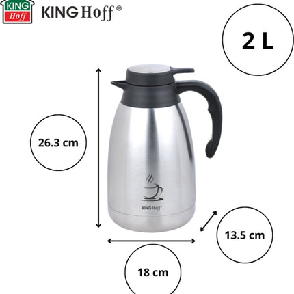 KINGHOFF Isolierkanne - Edelstahl Thermoskanne 2 Liter - Doppelwandig - Schwarzer Griff - KH-1994 - Thermoskanne - Teekanne