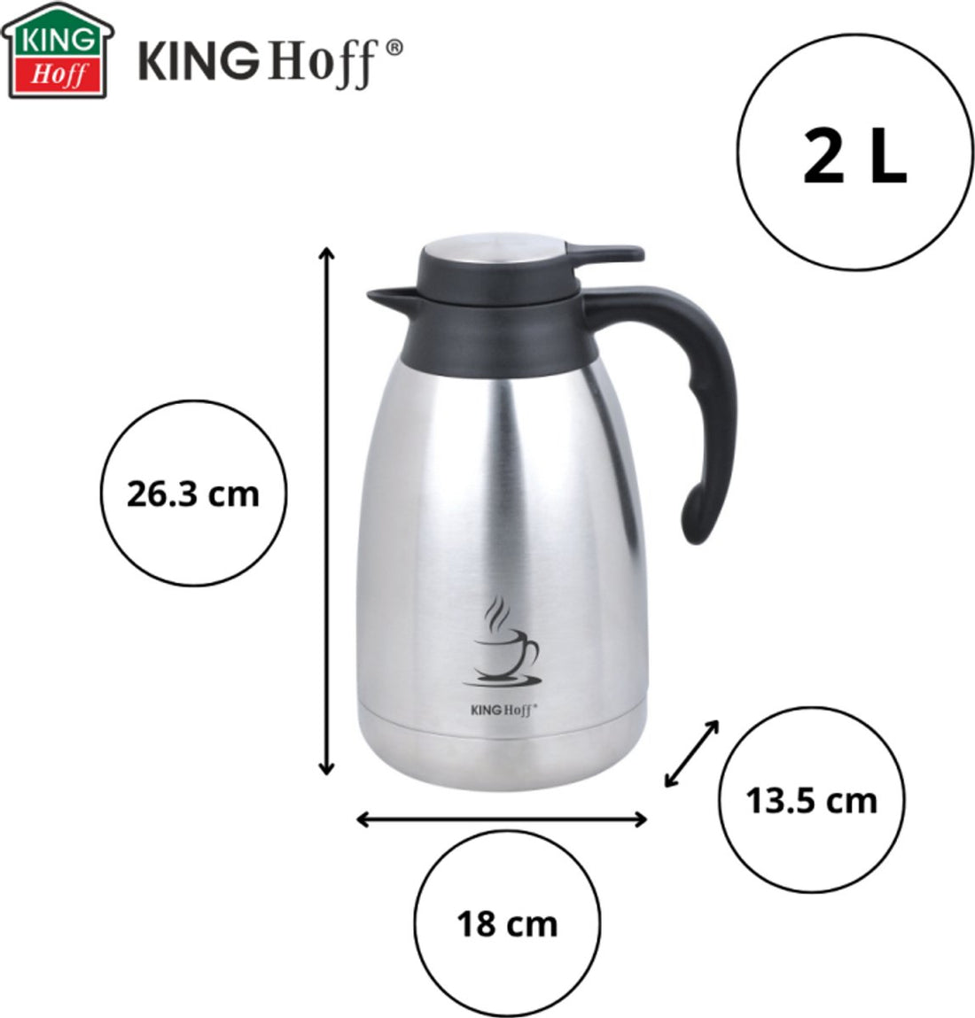 KINGHOFF Insulated Coffee Pot - Stainless Steel Thermal Carafe 2 Liters - Double-Walled - Black Handle - KH-1994 - Thermos - Tea Pot