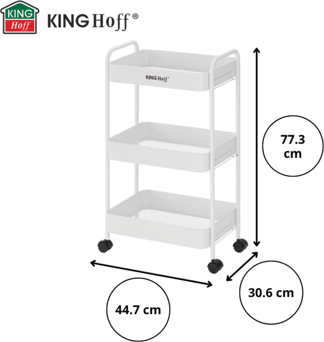 Kinghoff KH-1942 Mobiele 3-delige Stellingkar - Verrijdbare Opbergkar met Wieltjes - Wit - Badkamer Organizer - Keukenorganizer -