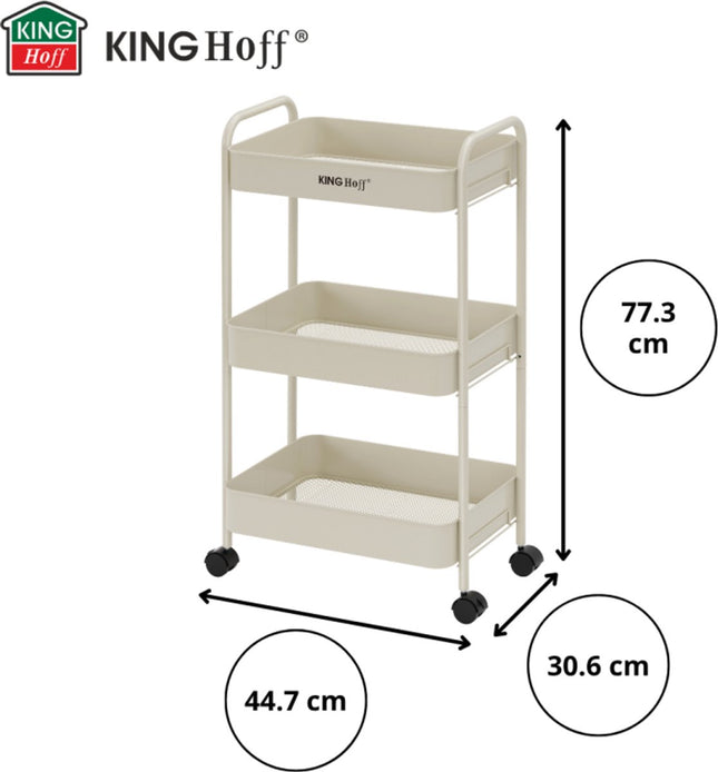 Kinghoff KH-1943 Mobiler 3-stöckiger Regalwagen - Rollbarer Aufbewahrungswagen in Beige - Für Küche & Bad - Organizer auf Rollen - Beistellmöbel -