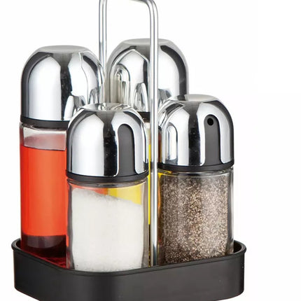 Gewürzständer - 5-teilig, Glas und Edelstahl - Mit tropffreien Spendern und stilvollem Tablett - Salz-/Pfefferstreuer-Set - Gewürzregal