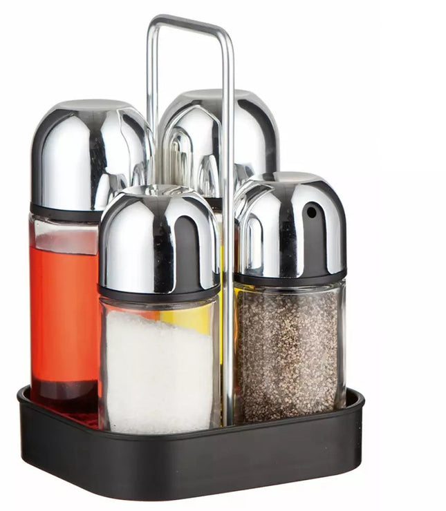 Gewürzständer - 5-teilig, Glas und Edelstahl - Mit tropffreien Spendern und stilvollem Tablett - Salz-/Pfefferstreuer-Set - Gewürzregal