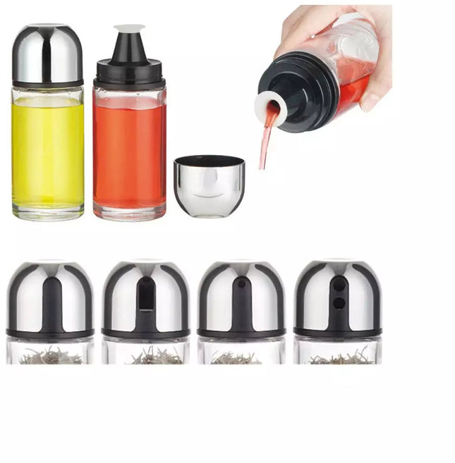 Gewürzständer - 5-teilig, Glas und Edelstahl - Mit tropffreien Spendern und stilvollem Tablett - Salz-/Pfefferstreuer-Set - Gewürzregal