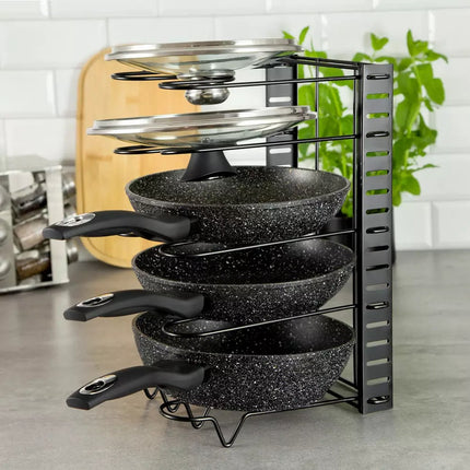 Pfannen-Organizer - 5 Fächer - Schwarz - 25,5 x 20,5 x 38 cm - Aufbewahrungsregal für Pfannen, Töpfe und Deckel