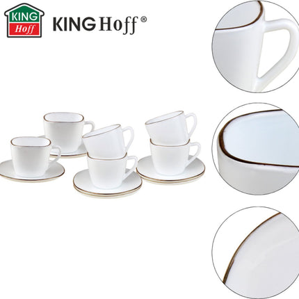 KingHoff Quadratische Tassen- und Untertassenset 12-teilig - Weiße Opalglas-Kaffeetassen mit Goldrand - 220 ml - Modernes Design - Kaffeeservice-Untertassenset