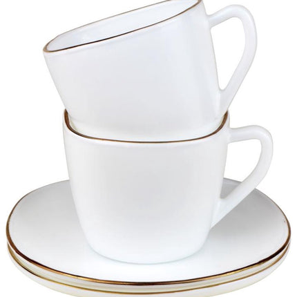 KingHoff Quadratische Tassen- und Untertassenset 12-teilig - Weiße Opalglas-Kaffeetassen mit Goldrand - 220 ml - Modernes Design - Kaffeeservice-Untertassenset