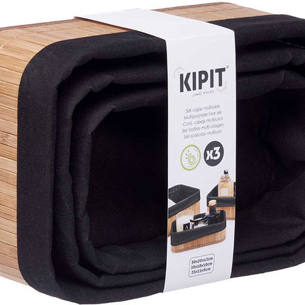 Kipit Badkamer/toilet ruimte opbergmandjes - bamboe/stof zwart - set 3x stuks - verschillende formaten