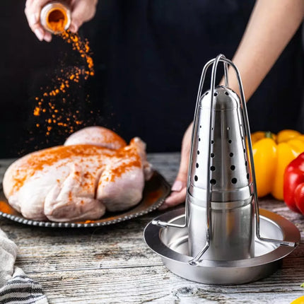 Kinghoff KH1880 - Kippenbraadrek Standaard van RVS - Grillstandaard met Kruidenhouder - Geschikt voor Oven, BBQ en Kampvuur - Ø18 cm, Hoogte 23 cm - Kiprooster - Kippenrooster