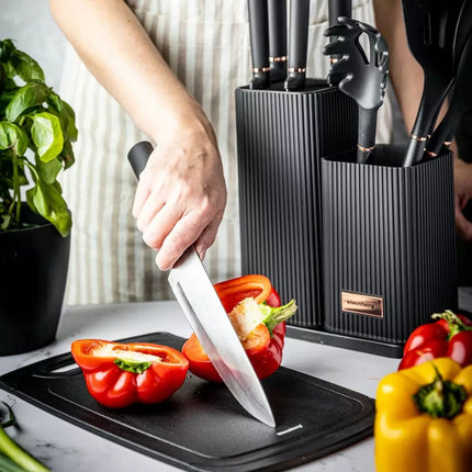 12-delige Keukenset met Messen, Gereedschappen en Snijplank - Zwart - Inclusief Opbergrek