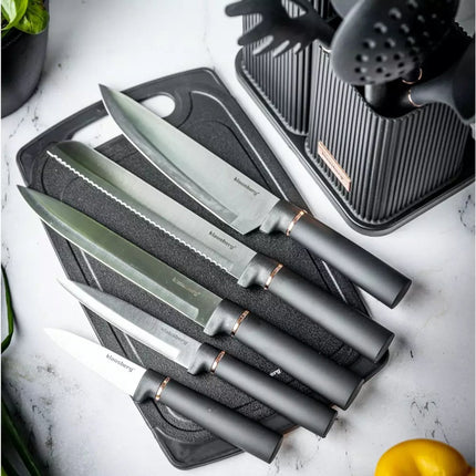 12-delige Keukenset met Messen, Gereedschappen en Snijplank - Zwart - Inclusief Opbergrek