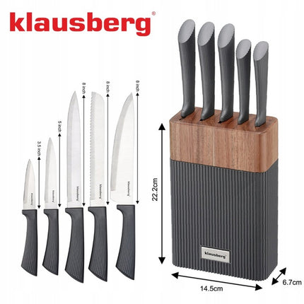 KLAUSBERG 6-teiliges Messerset – Akazienholzblock – Edelstahl – Graue rutschfeste Griffe – KB-7979