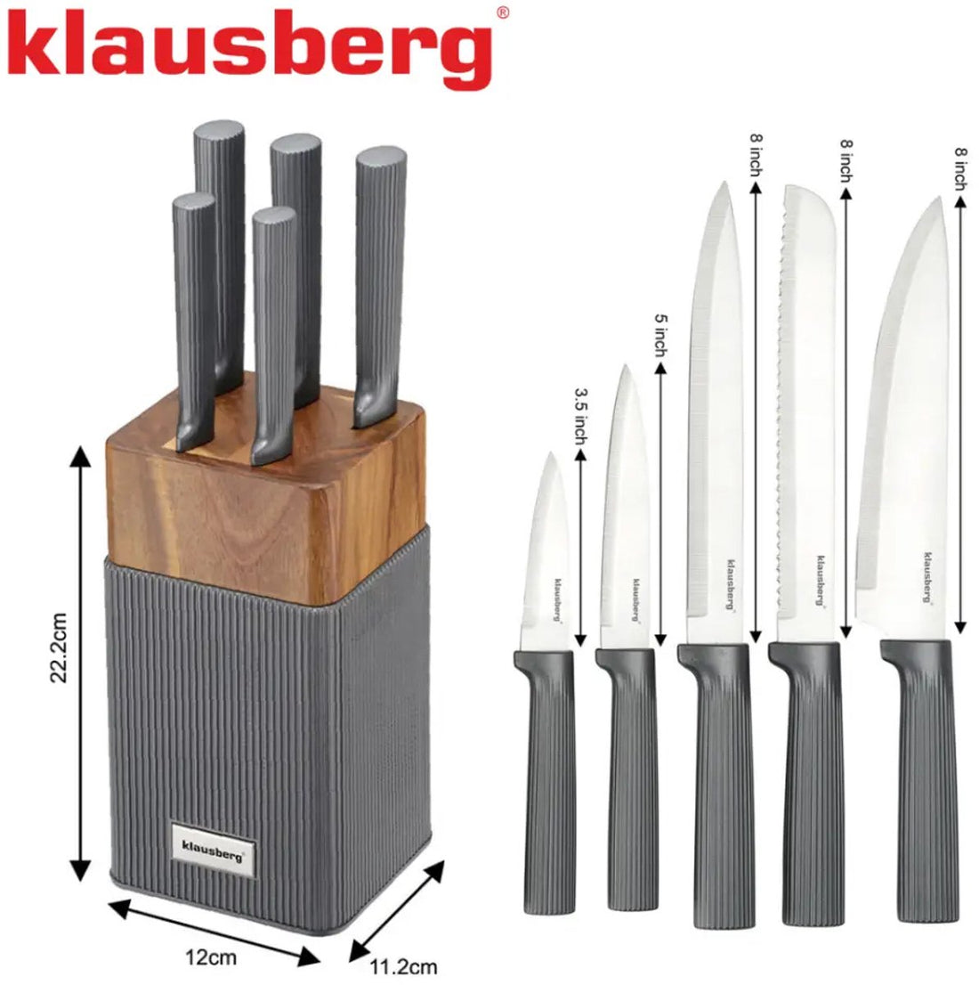 KLAUSBERG 6-Piece Knife Set with Block – Acacia Wood Block – Stainless Steel Kitchen Knives – Graphite Handles – KB-7982