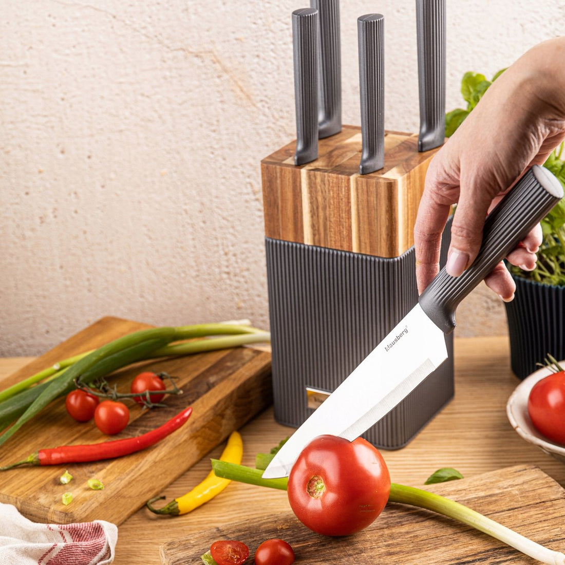 KLAUSBERG 6-Piece Knife Set with Block – Acacia Wood Block – Stainless Steel Kitchen Knives – Graphite Handles – KB-7982