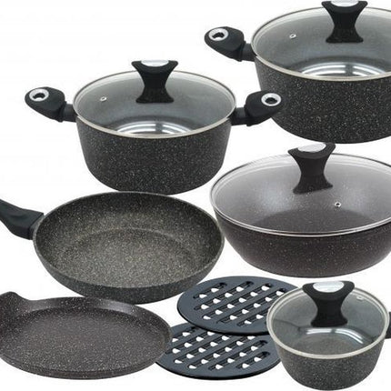 Klausberg 7201 Topfset - 12-teilig - Keramik-/Marmorbeschichtung - geschmiedetes Aluminium - alle Kochfelder - antihaftbeschichtet - Induktion - schwarz