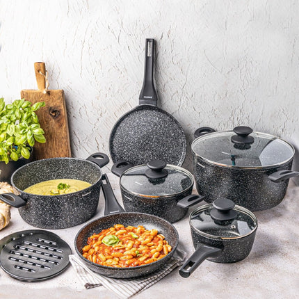 Klausberg 7658 - 12-teiliges Topfset - Kochtöpfe - 16-20-24-24-24-28 cm - schwarz - mit Deckel