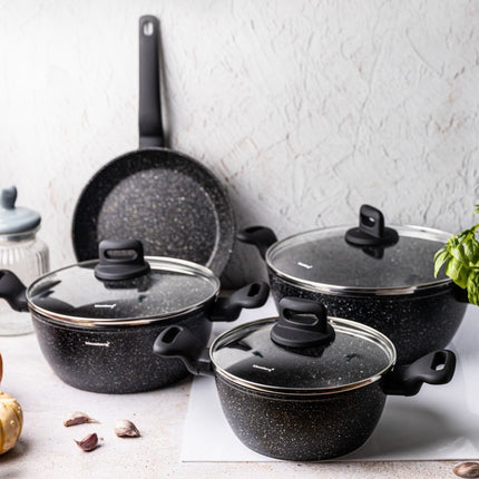 Klausberg - 7-teiliges Pfannenset - Kochtöpfe - 20-24-24-28 cm - schwarz - mit Deckel