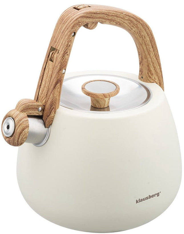 Klausberg 7775 - Fluitketel met fluit - 2.5 liter - RVS - Wit met houten handgreep