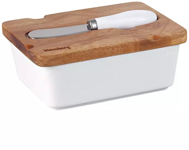 Keramik-Butterdose - Weiß, Akazienholzdeckel und Buttermesser - Stilvoll und Funktional - Butterglocke - Frischhaltedose Käse