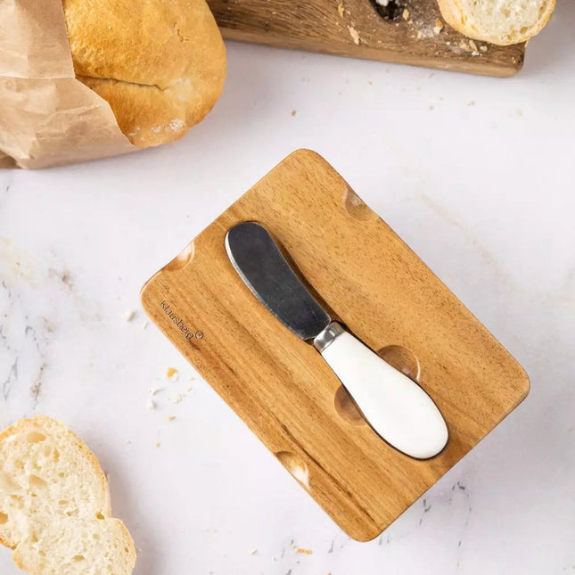 Keramik-Butterdose - Weiß, Akazienholzdeckel und Buttermesser - Stilvoll und Funktional - Butterglocke - Frischhaltedose Käse