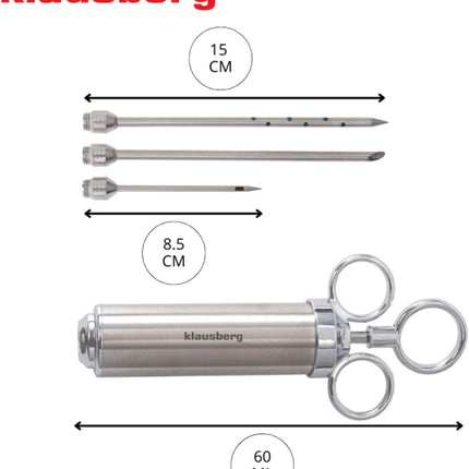 KLAUSBERG KB-7842 Vlees Marinade Spuit – RVS, 60 ml, Set met 3 Naalden & Accessoires - BBQ Accesoire - Vlees Injectiespuit - Injector
