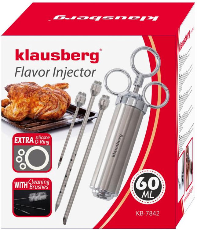 KLAUSBERG KB-7842 Fleischmarinadenspritze – Edelstahl, 60 ml, Set mit 3 Nadeln & Zubehör – BBQ Zubehör – Fleischspritze – Injektor