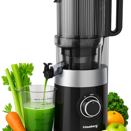 Klausberg KB-7871 Slowjuicer – Cold Press - Stille verticale juicer sapcentrifuge met brede vulopening – Fruitpers - Zwart/Zilver