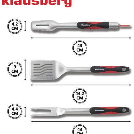 Klausberg KB-7899 Grillset - 3-teiliges Grillbesteck Set Edelstahl mit Kunststoffgriffen (Pfannenwender, Gabel & Zange) - Tolles Geschenkset für Kamado / Weber Liebhaber!