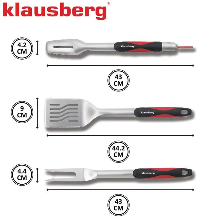 Klausberg KB-7899 Barbecue Set - 3-delige Grillset RVS met Plastic Handvatten (Spatel, Vork & Tang) - Leuke giftset voor de Kamado / Weber liefhebbers!