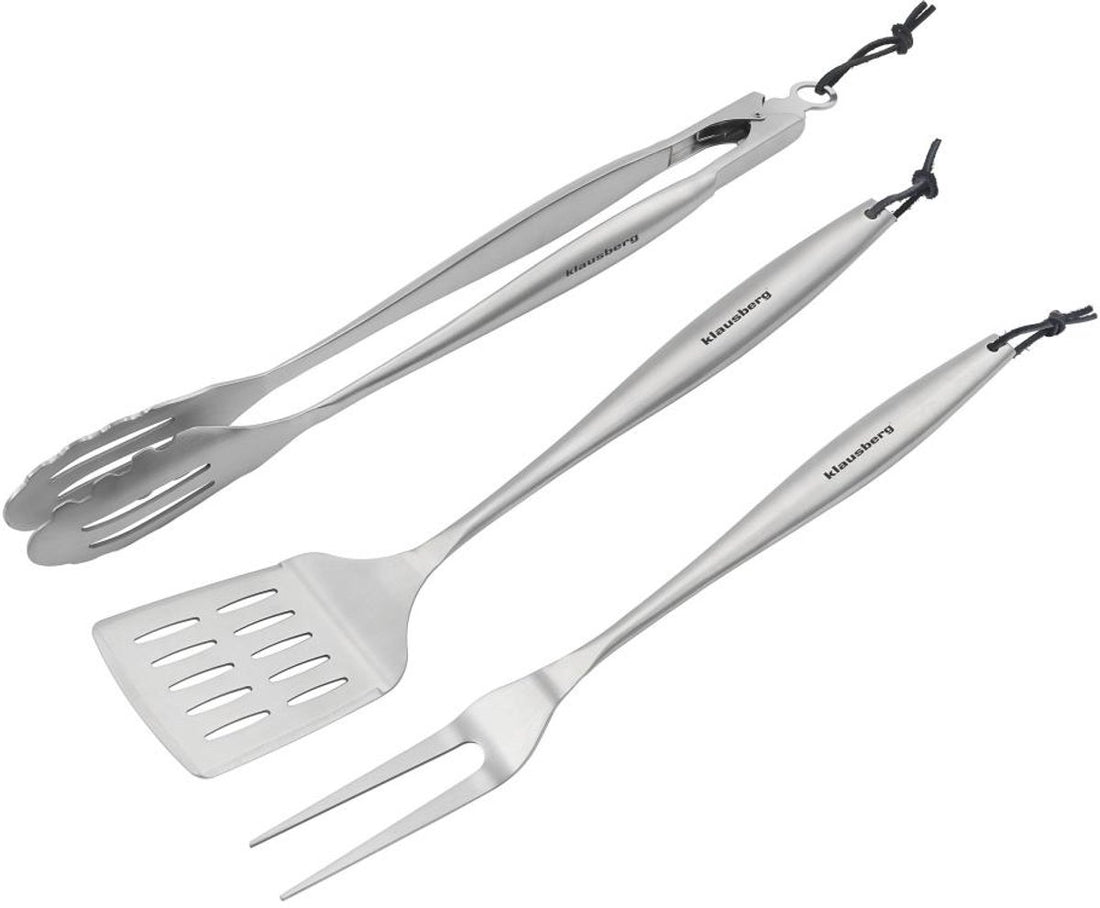 Klausberg KB-7900 Set de barbecue – Kit de gril 3 pièces en inox (Spatule, Fourchette à viande & Pince) - Coffret cadeau - Convient aux amateurs de Kamado / Weber