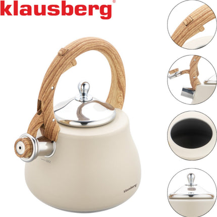 Klausberg Wasserkocher 2.8L Edelstahl - Flötenkessel für alle Herdarten (Induktion, Gas) - Beige mit Holz-Look Griff