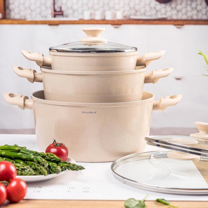 Klausberg KB-7961 Topfset 6-teilig Beige | Marmor-Antihaftbeschichtung | Induktionsgeeignet | 3 Töpfe mit Deckel | Creme