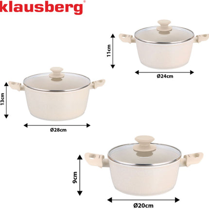 Klausberg KB-7961 Topfset 6-teilig Beige | Marmor-Antihaftbeschichtung | Induktionsgeeignet | 3 Töpfe mit Deckel | Creme