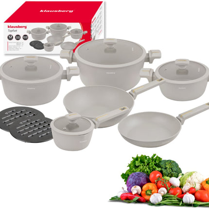 Klausberg KB-7969 Pannenset 12 Delig Beige | Inclusief Wok Pan | Anti-aanbaklaag | Geschikt voor Alle Kookzones Inclusief Inductie | Glazen Deksels | Set Pannen