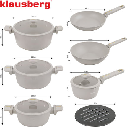 Klausberg KB-7969 Pannenset 12 Delig Beige | Inclusief Wok Pan | Anti-aanbaklaag | Geschikt voor Alle Kookzones Inclusief Inductie | Glazen Deksels | Set Pannen