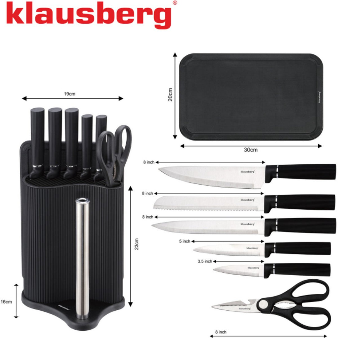 Klausberg KB-7977 messenset 8-delig – met snijplank en keukenrolhouder, zwart – foto 2