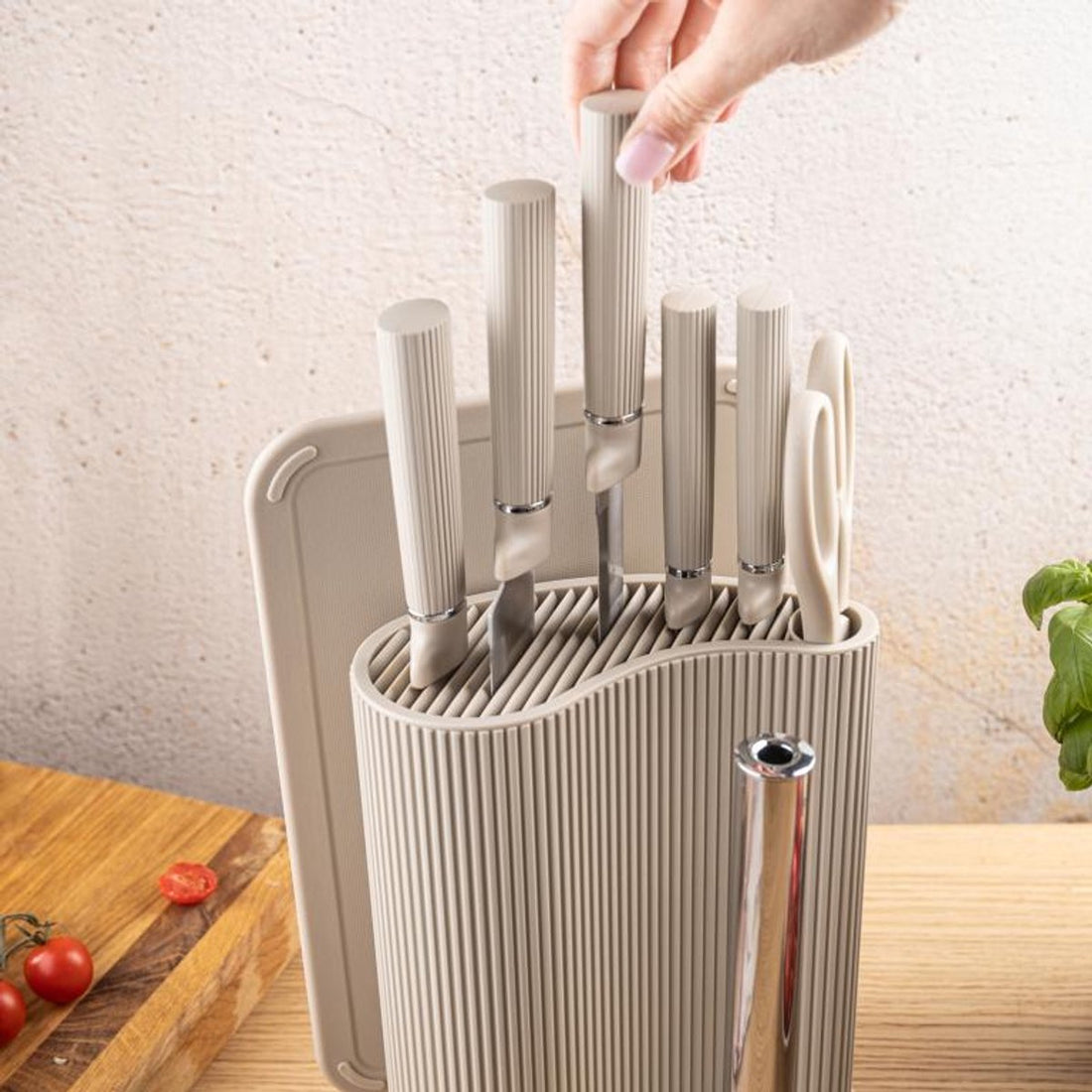 Klausberg KB-7978 8 Delig Keukenset - Messenset met Snijplank en Papierrolhouder - Beige Roestvrij Staal