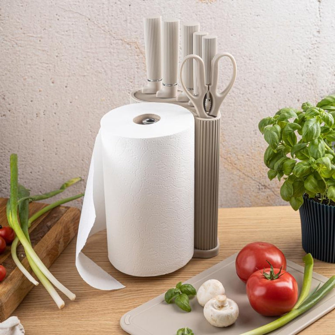 Klausberg KB-7978 8 Delig Keukenset - Messenset met Snijplank en Papierrolhouder - Beige Roestvrij Staal