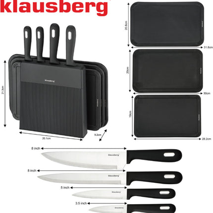 Klausberg KB-7980 8-teiliges Küchenset - 4 Messer und 3 Schneidebretter mit Aufbewahrungsständer - Komplettes Schneideset Schwarz - Messerset - Messerblock - u.a. Kochmesser, Fleischmesser, 3 Schneidebretter