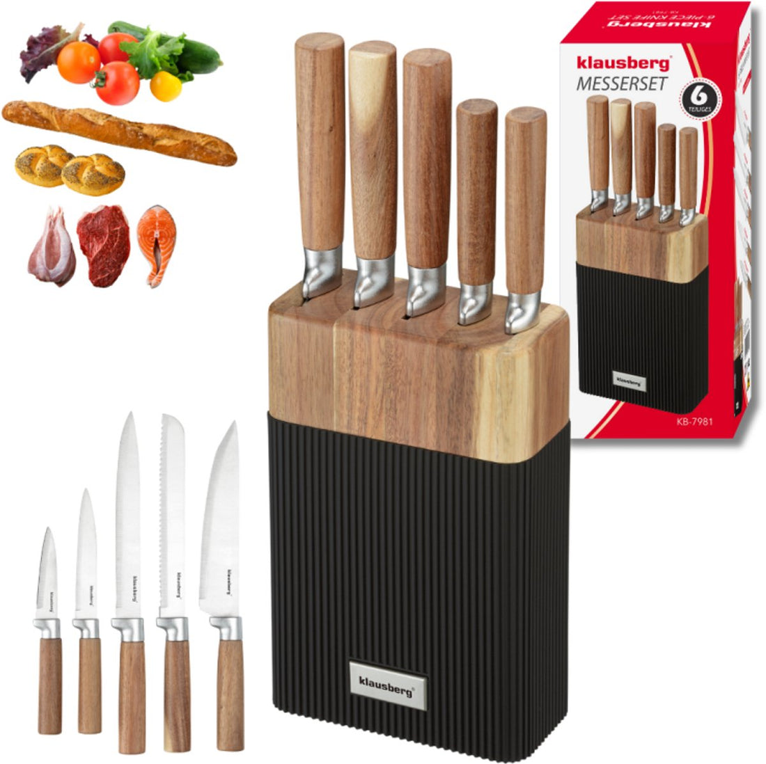 Klausberg KB-7981 messenset 6-delig – messenblok met 5 messen, acaciahout