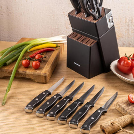 Klausberg KB-7985 13-teiliges Messerset – Schwarzer Messerblock mit Wetzstahl – Inklusive 6 Steakmessern – Messerset mit Block – U.a. Brotmesser, Kochmesser, Fleischmesser und Schere