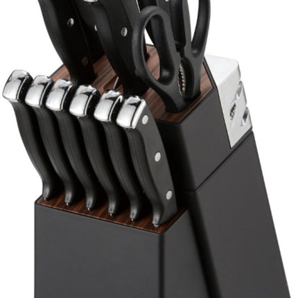 Klausberg KB-7985 13-teiliges Messerset – Schwarzer Messerblock mit Wetzstahl – Inklusive 6 Steakmessern – Messerset mit Block – U.a. Brotmesser, Kochmesser, Fleischmesser und Schere
