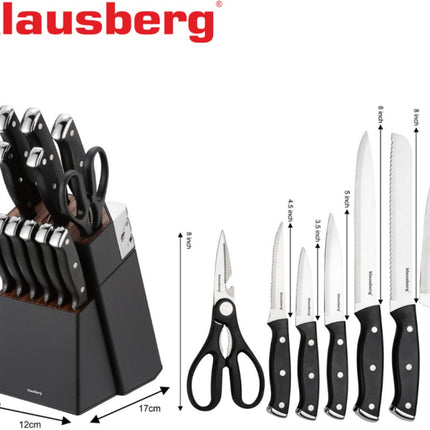 Klausberg KB-7985 13-teiliges Messerset – Schwarzer Messerblock mit Wetzstahl – Inklusive 6 Steakmessern – Messerset mit Block – U.a. Brotmesser, Kochmesser, Fleischmesser und Schere