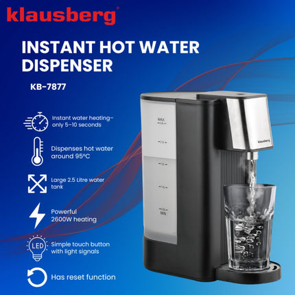Klausberg KB7877 Heißwasserspender – 2,5 Liter – Schwarz & Edelstahl – 2600W – Sofort kochendes Wasser in 5 Sekunden – Heißwasserspender – Wasserkocher –